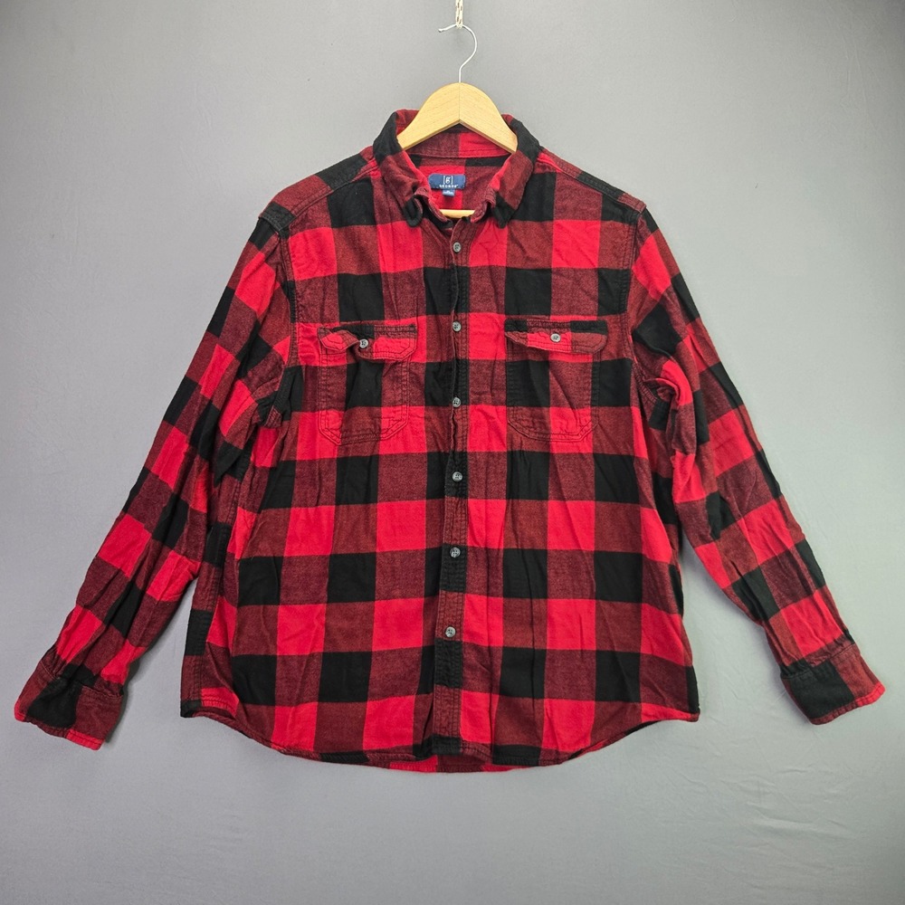 George Flannel Shirt Buffalo Plaid Button Up XL Red Black Long Sleeve Cotton